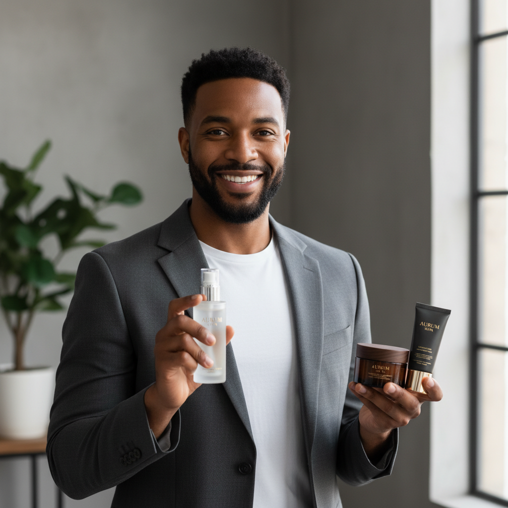 Light-skinned Black man with skincare products