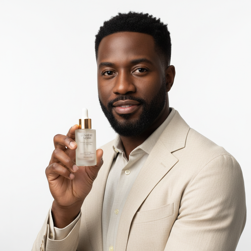 Dark-skinned Black man holding premium skincare serum